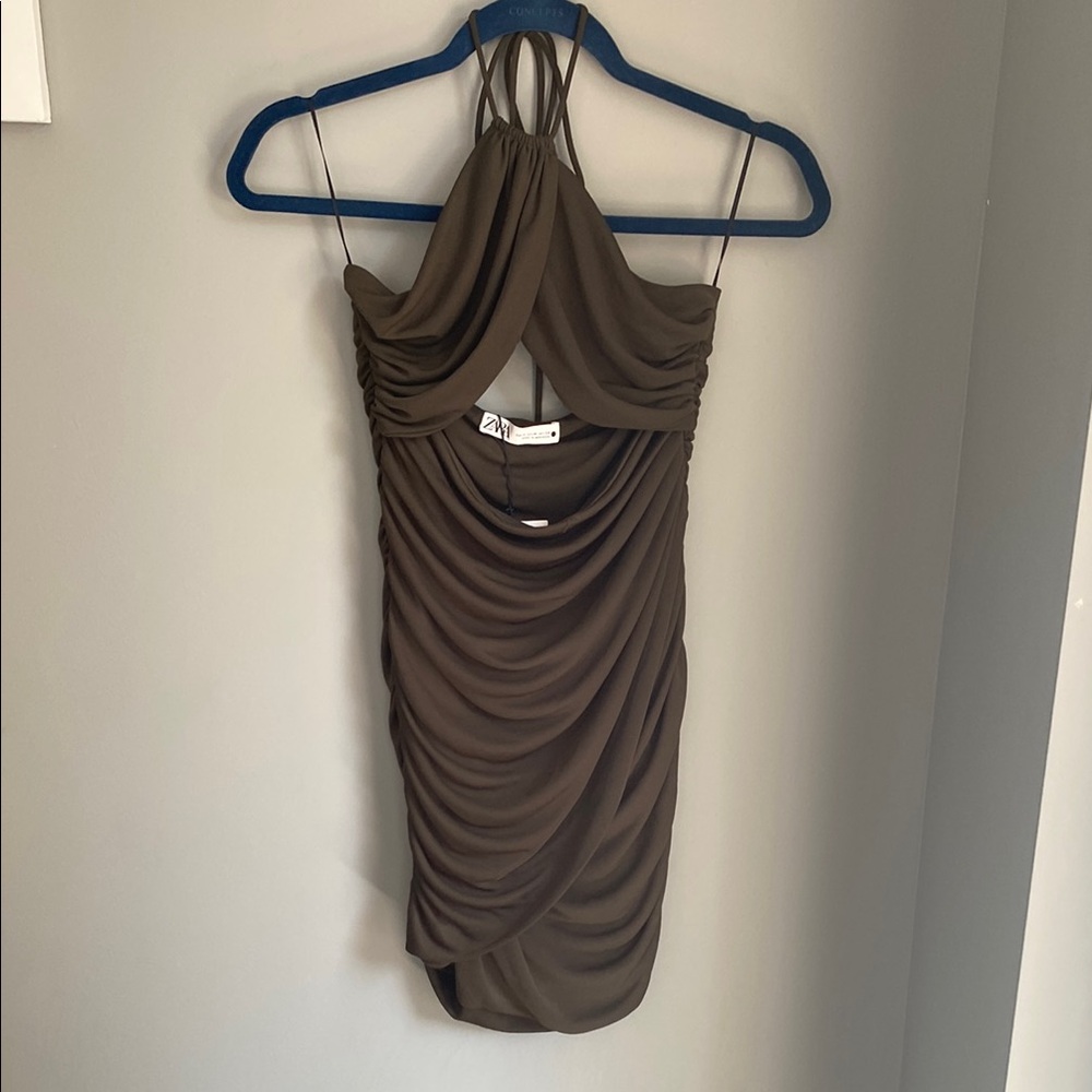 057. Zara Brown Ruched Halter Bodycon Dress